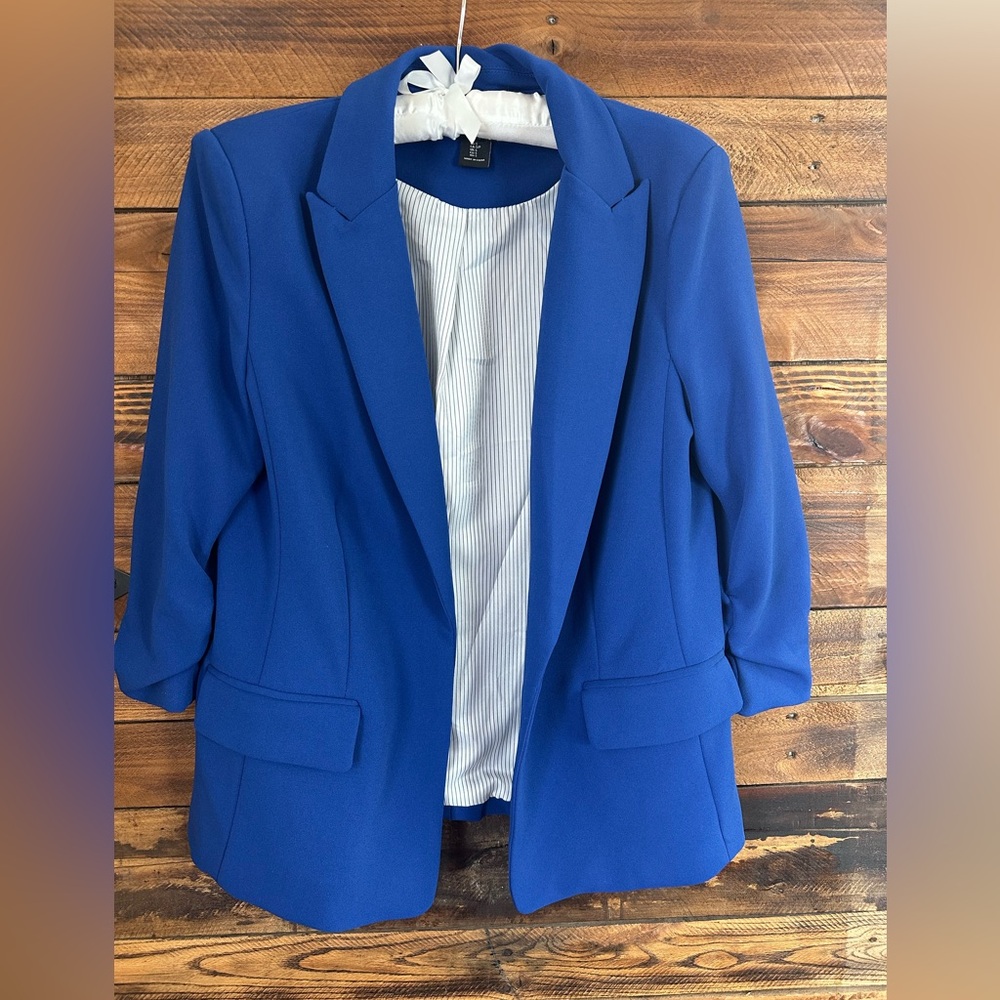 Rachel Zoe Blue Open-Front Blazer | Scrunched 3/4 Sleeves | Size Small